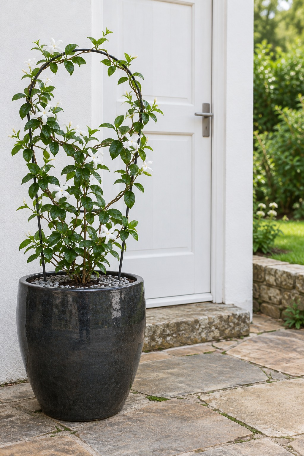 Young star jasmine trained on a wire hoop in a large charcoal container beside a white door