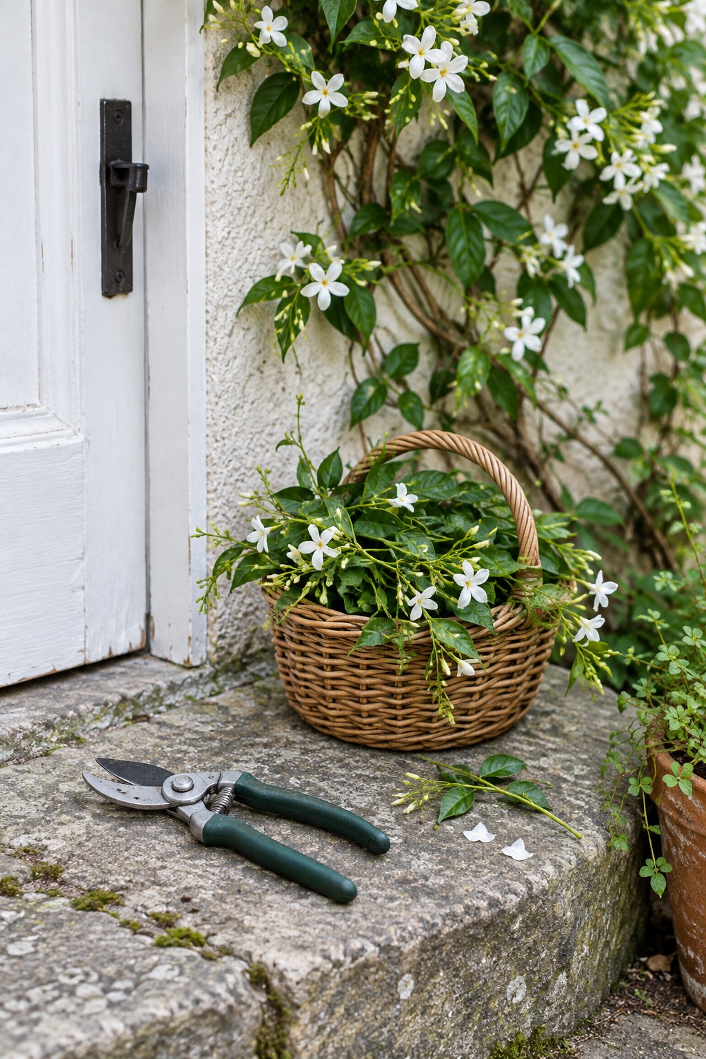 Pruners and a basket of trimmed jasmine stems on a stone step below a jasmine vine