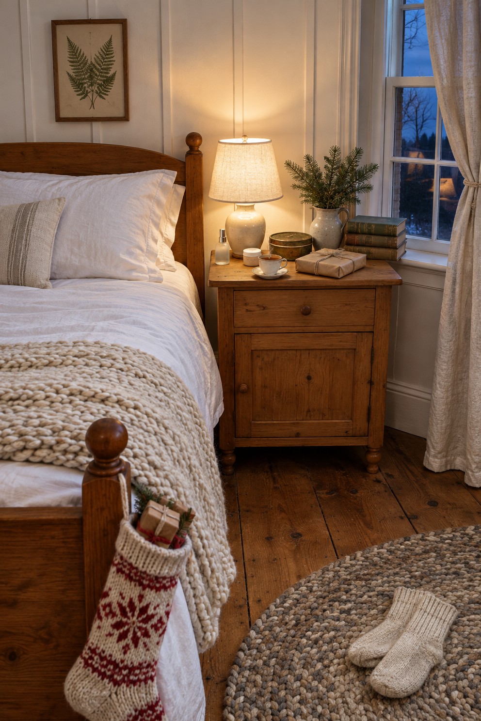 A farmhouse bedroom at night with a lit lamp on a pine nightstand holding a spray bottle, a jar of hand cream, a cup of tea and a wrapped parcel, and a filled knit stocking hanging from the bedpost