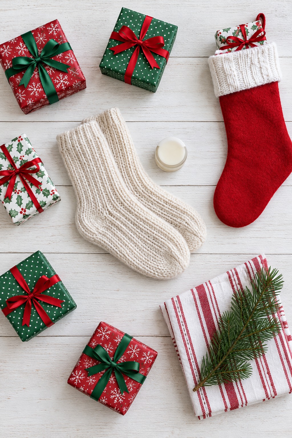 Overhead view of a pine kitchen table in bright daylight with a cream knit stocking, small gifts wrapped in red and white Christmas paper, a spool of forest green ribbon, scissors and a handwritten card