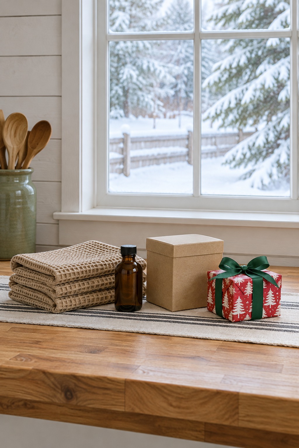 Bright farmhouse kitchen counter by a window with snow outside, holding a folded stack of tan waffle weave dish towels, a small amber bottle of vanilla, a box of tea and a small gift wrapped in red and white Christmas paper