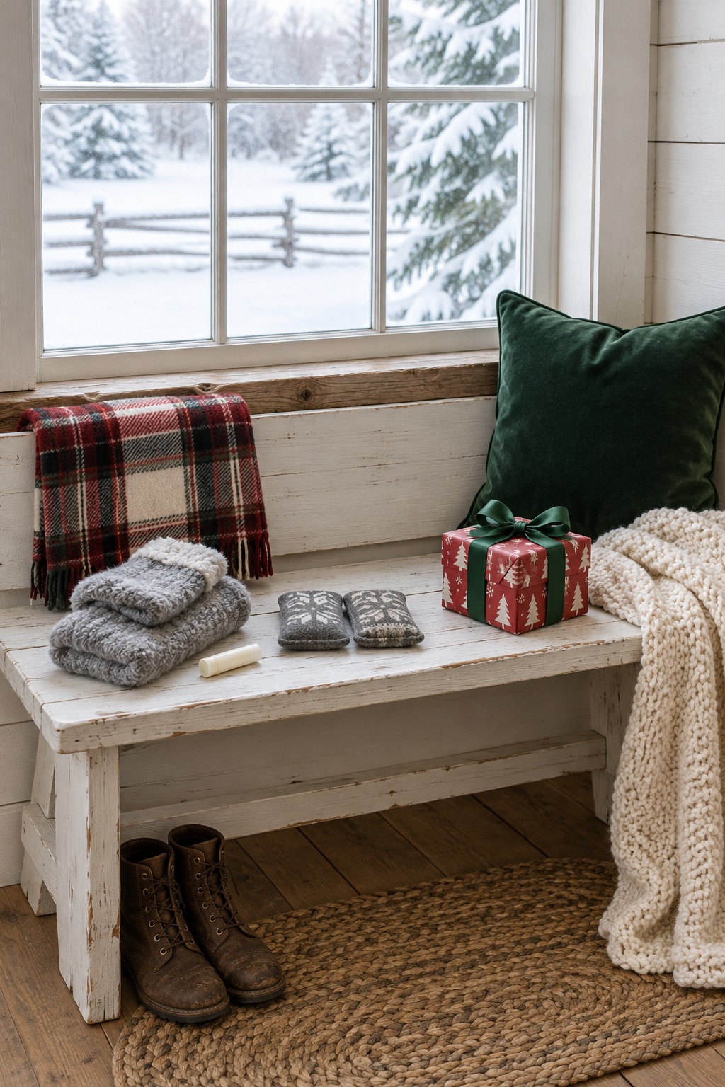 Bright farmhouse bench by a window with snow outside, holding a folded pair of fuzzy gray slipper socks, a tube of lip balm, a pair of small hand warmers and a small gift wrapped in red and white Christmas paper