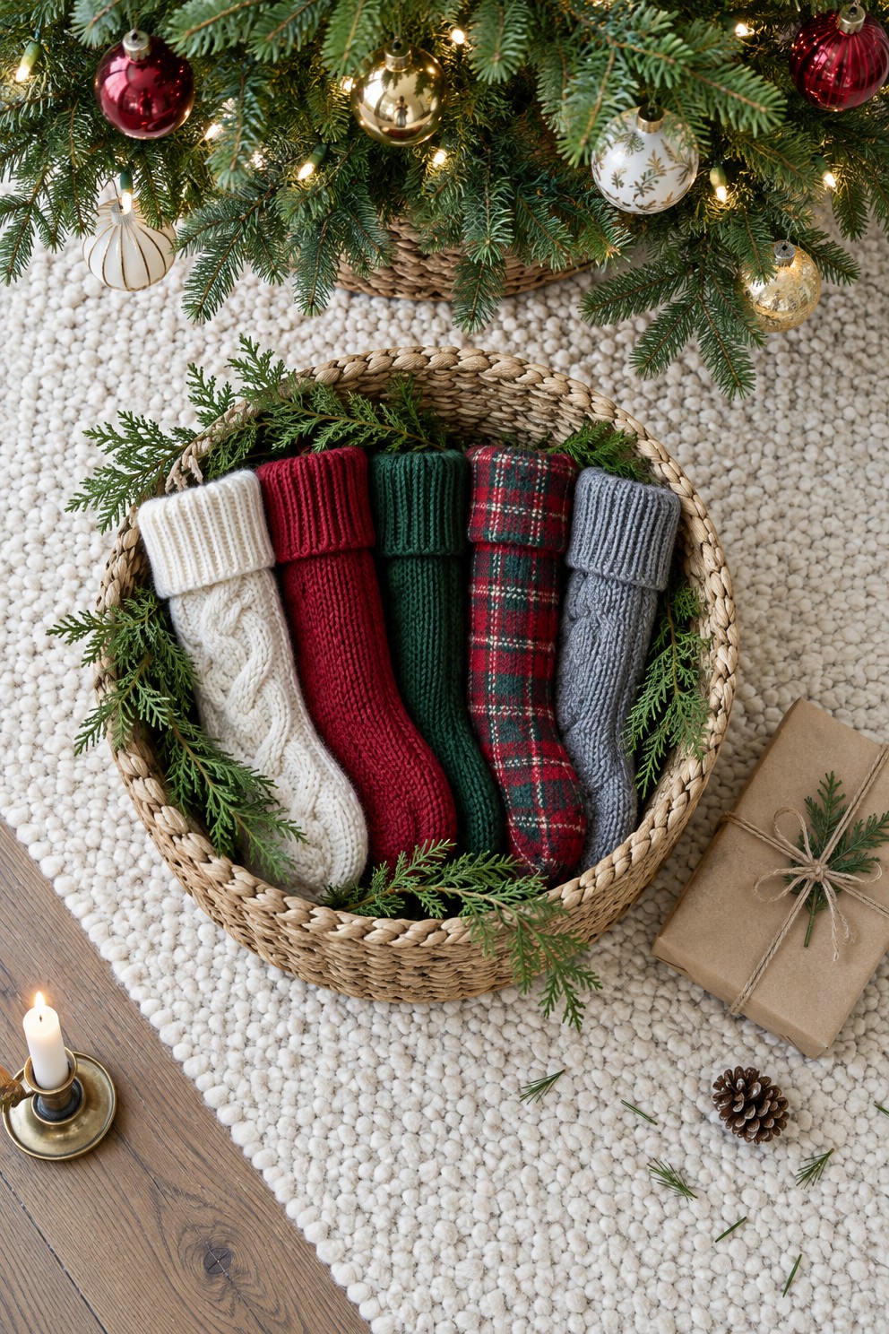 Looking down at a woven basket on a cream wool rug beneath a Christmas tree, holding five folded knitted stockings in different colors with cedar sprigs
