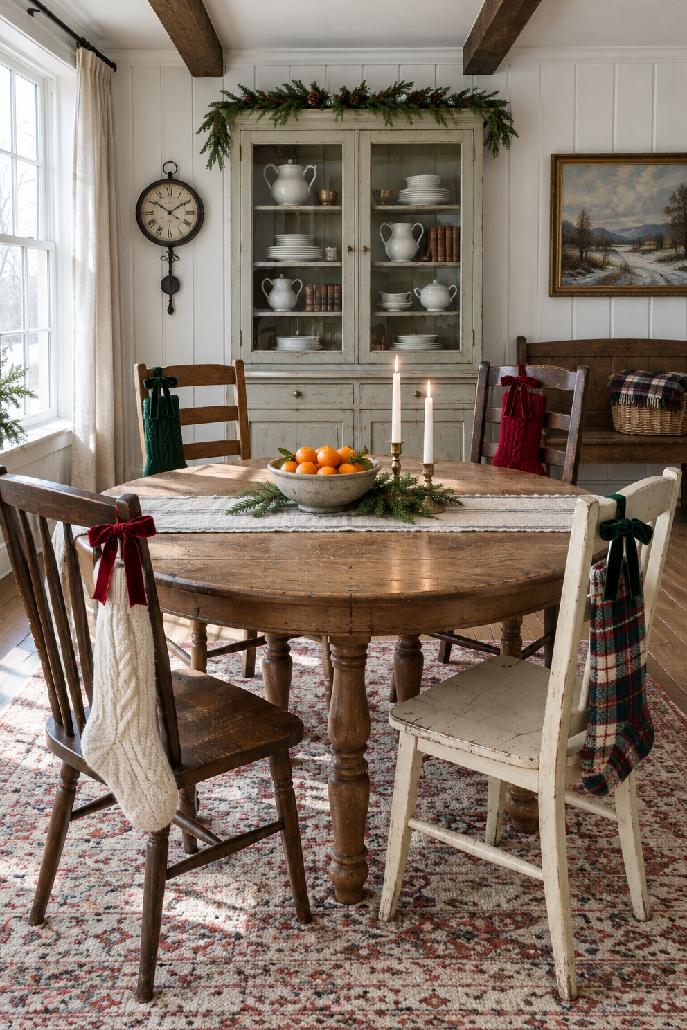 Four wooden dining chairs around a round oak table with a knitted stocking tied by a velvet ribbon bow to each chair back, a bowl of clementines and two candles on the table