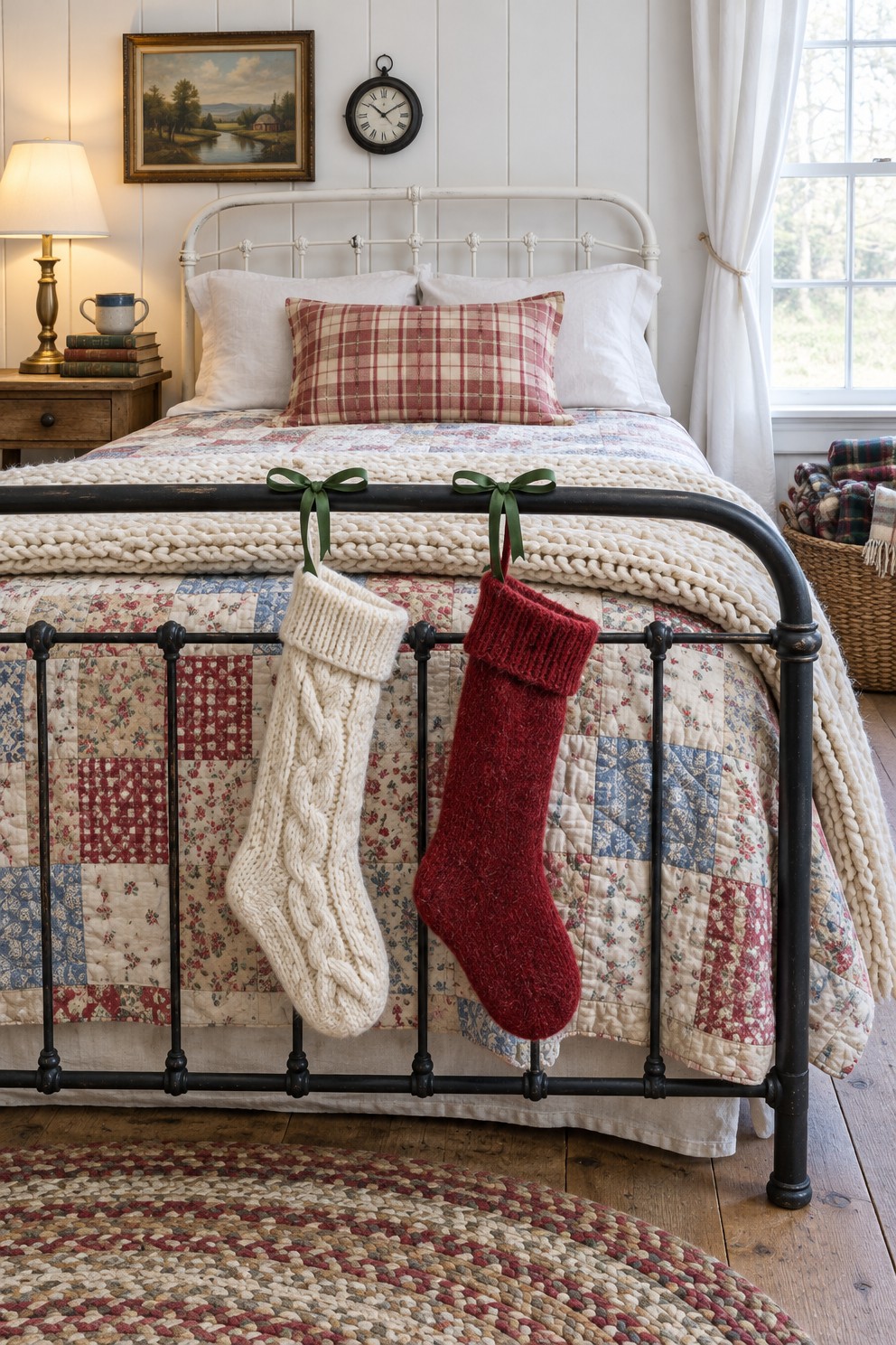 Two knitted stockings, cream and red, tied with green ribbon to the black iron rail of a bed footboard, with a patchwork quilt and a lit bedside lamp