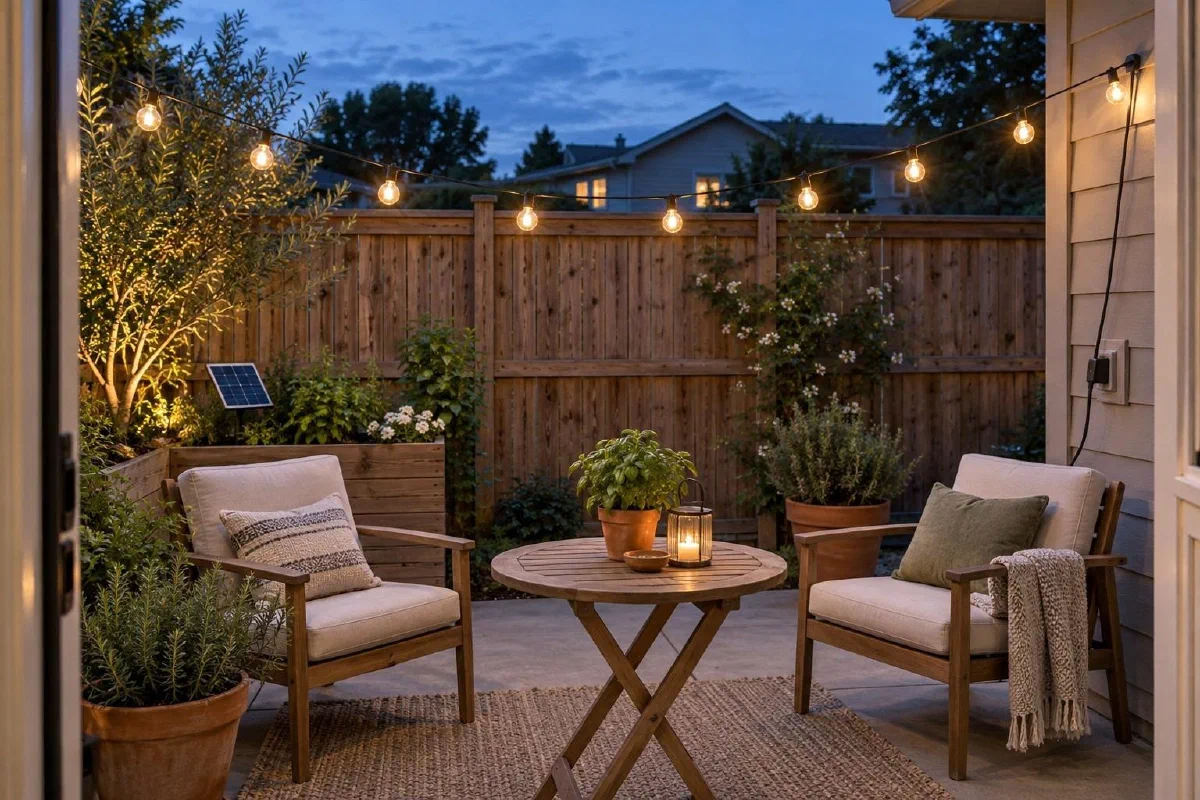 Small patio seating area with lights suspended between supports