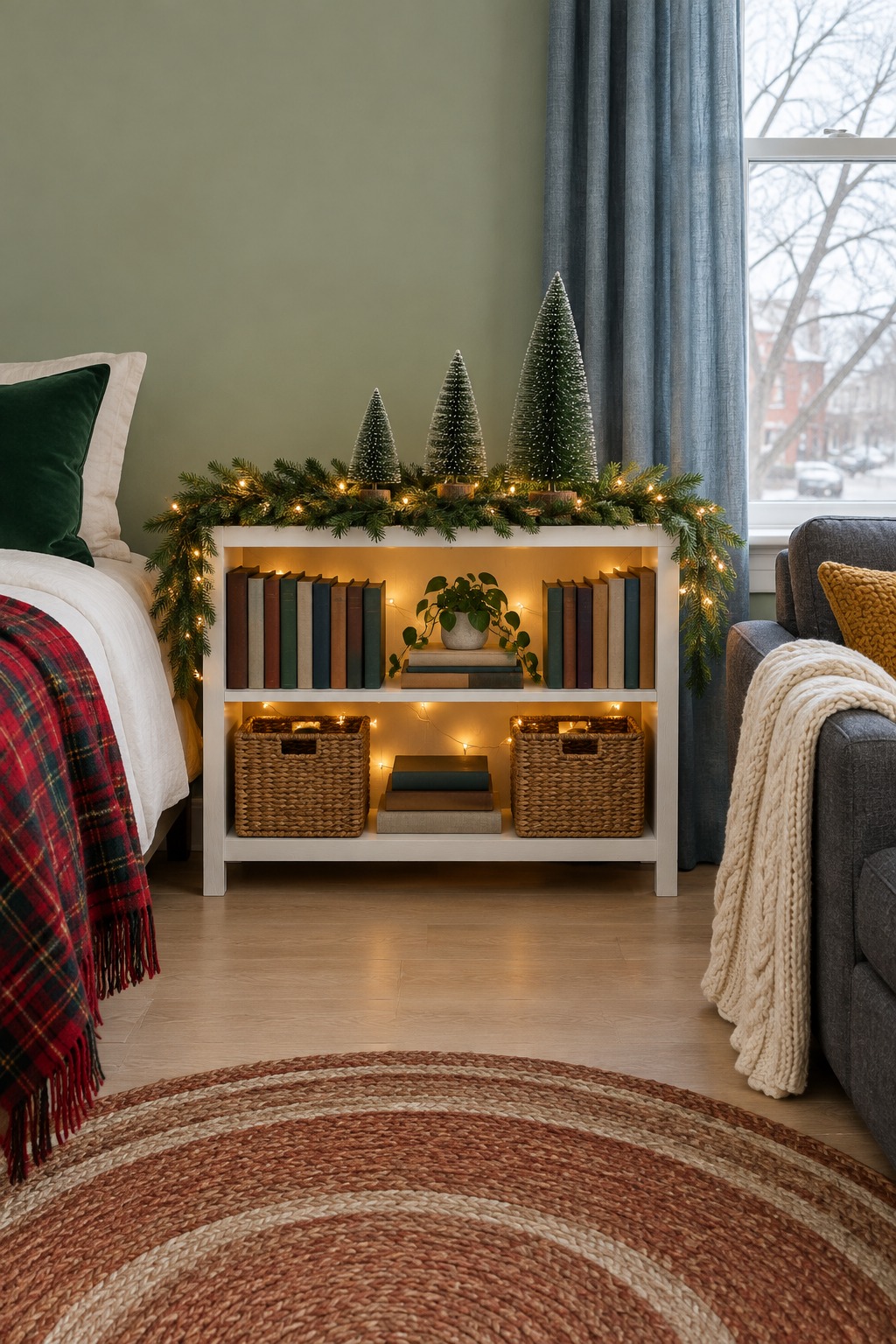 Low open bookcase between the bed and the sofa in a studio apartment, with a green garland draped along the top, three small bottle brush trees of different heights and a few books on the shelves below