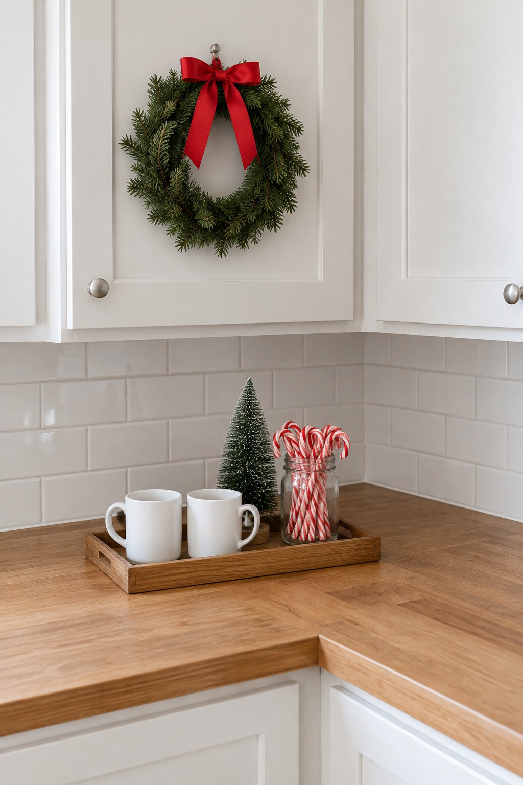 Corner of a studio kitchenette counter with a wooden tray holding two white mugs, a small bottle brush tree and a jar of candy canes, and a small green wreath with a red ribbon on a white cabinet door above