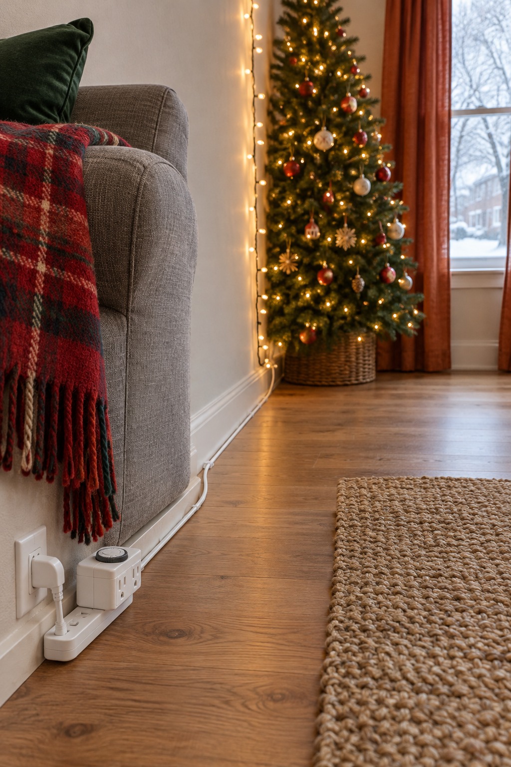 Wall outlet behind the end of a sofa in a studio apartment with a flat plug power strip and a white plug-in timer, a cord running neatly along the baseboard to a lit tree in the corner