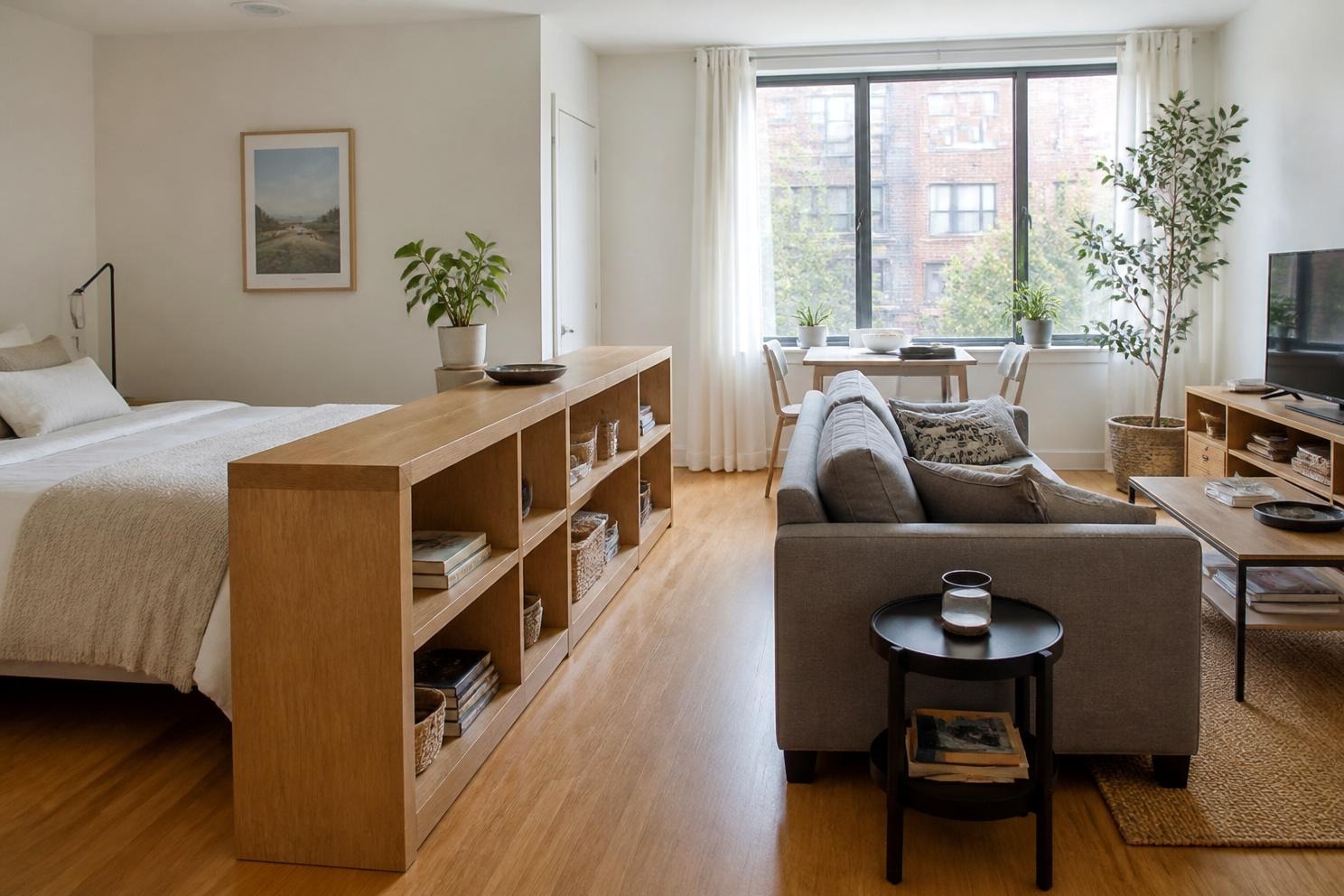 Low open bookcase placed perpendicular to a wall between a studio bed and living room sofa