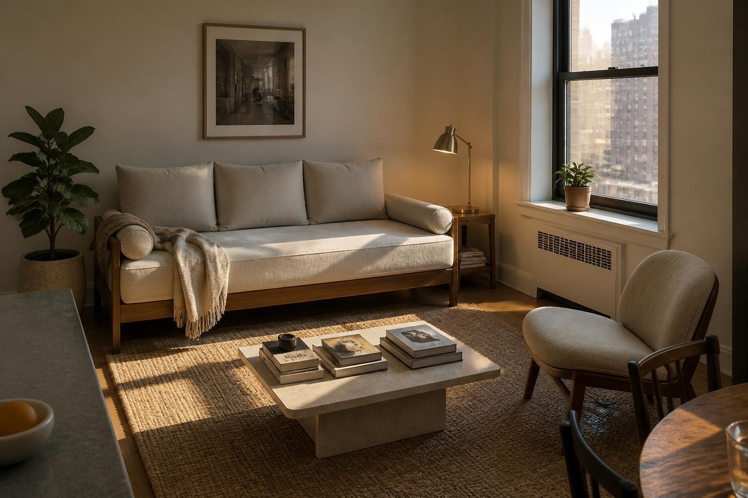 Upholstered daybed along a studio apartment wall with reading lamp and small side table