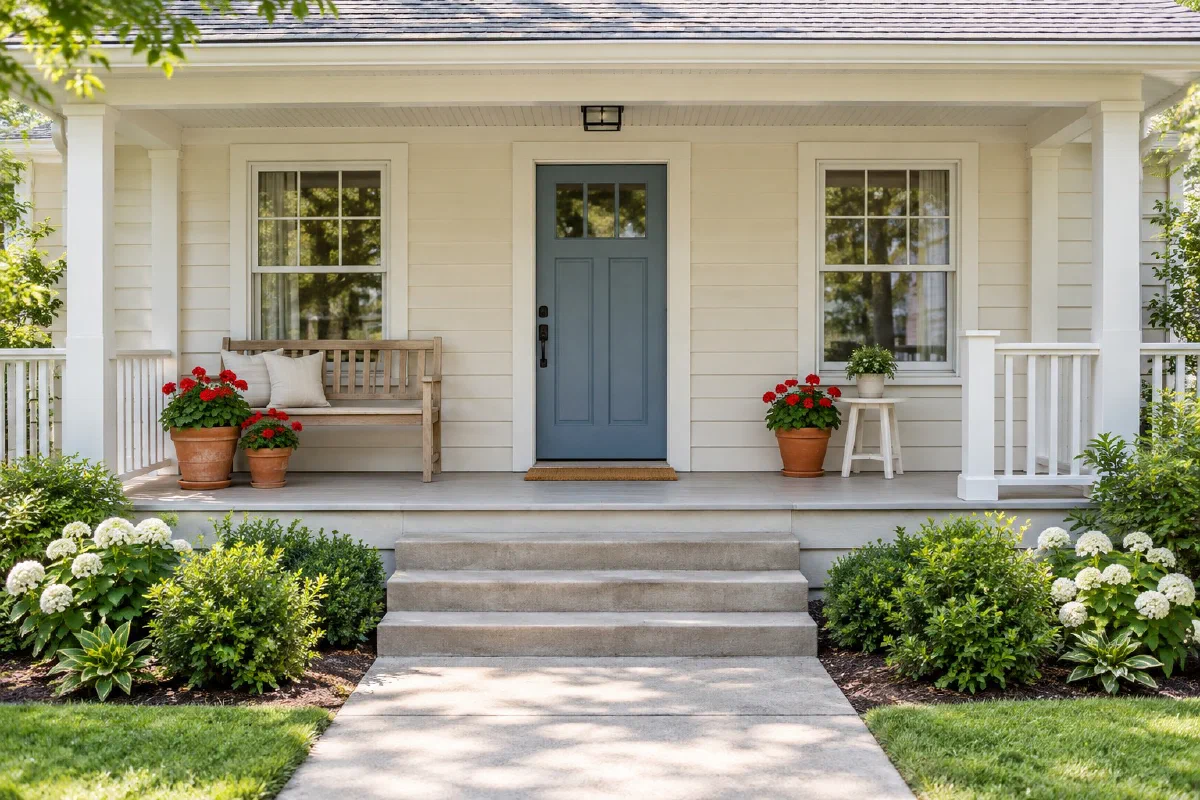 Front view of a shallow summer porch with a bench, red flowering pots, and a clear central path and steps