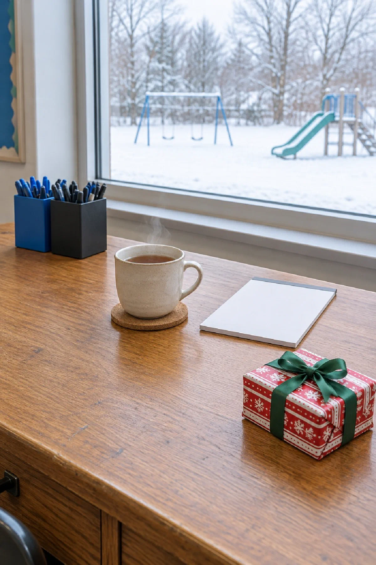 Wooden teacher's desk in a bright classroom with a snowy playground in the window, a box of pens, a cream stoneware cup of tea, a magnetic notepad and a small gift wrapped in red and white Christmas paper with a green ribbon