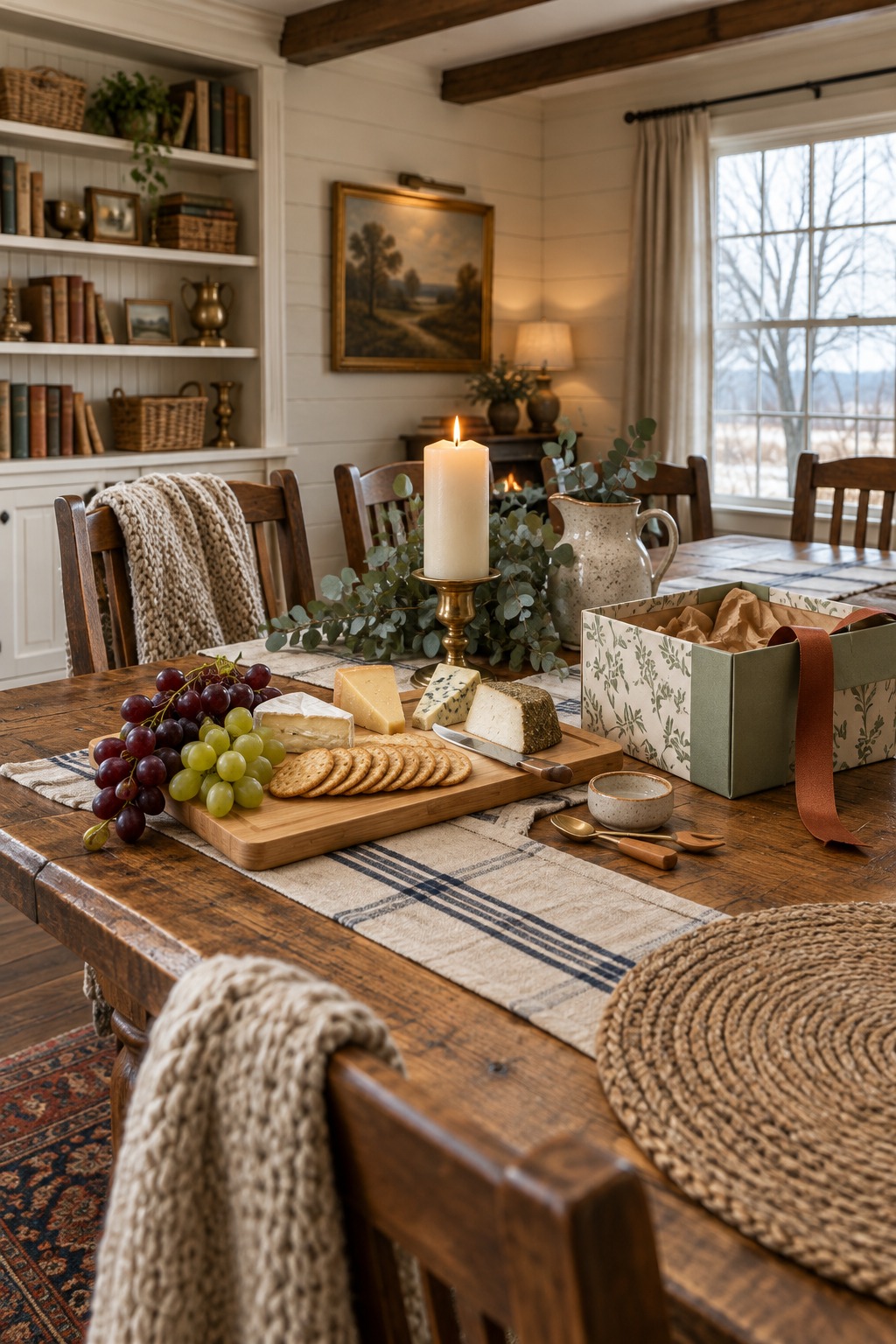 Bamboo cheese board with a knife and small serving pieces on a farmhouse dining table, wedges of cheese, crackers and grapes, a decorative gift box beside it and a lit candle in the background