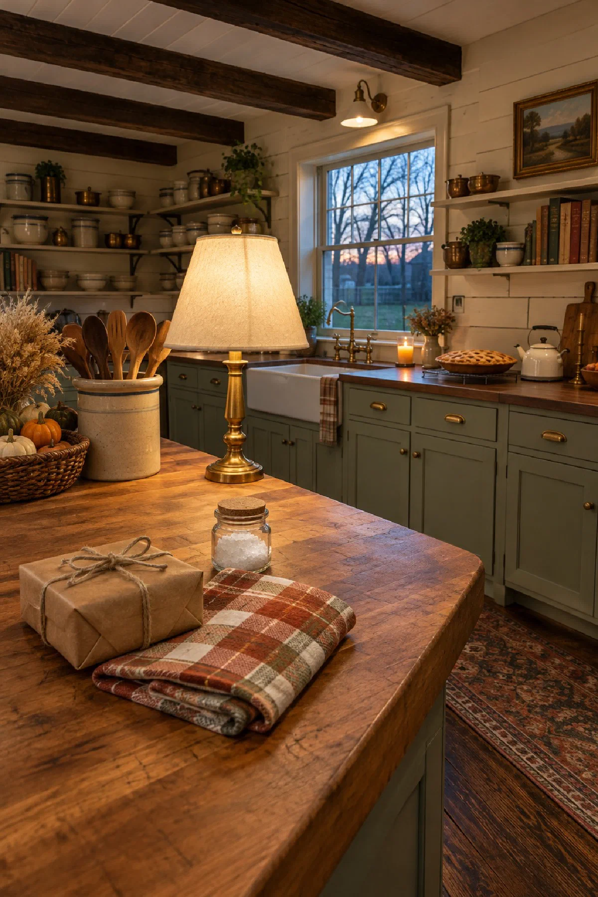Farmhouse kitchen counter the evening before Thanksgiving with a small brown-paper-wrapped gift tied with twine, a folded fall tea towel, a jar of flaky salt and a lit lamp, a pie cooling in the background