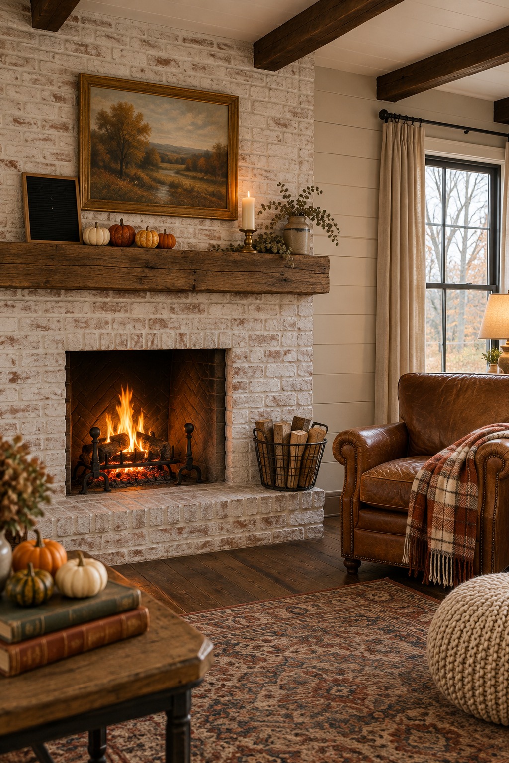 Farmhouse mantel with a small felt letter board reading a short Thanksgiving message, mini pumpkins, a lit candle and a fire burning in the fireplace