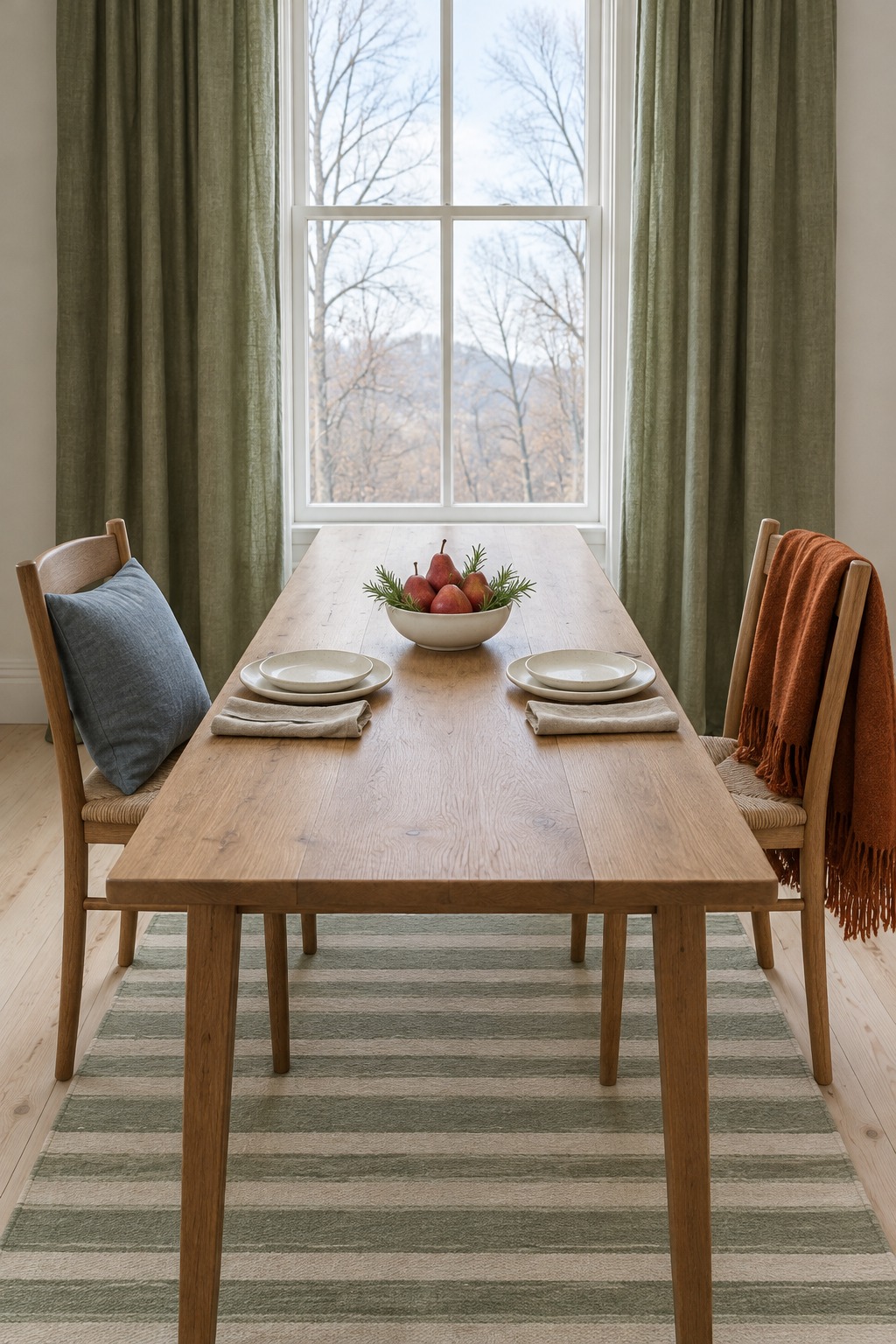 Narrow wood table set for two with a low white bowl of red pears and rosemary
