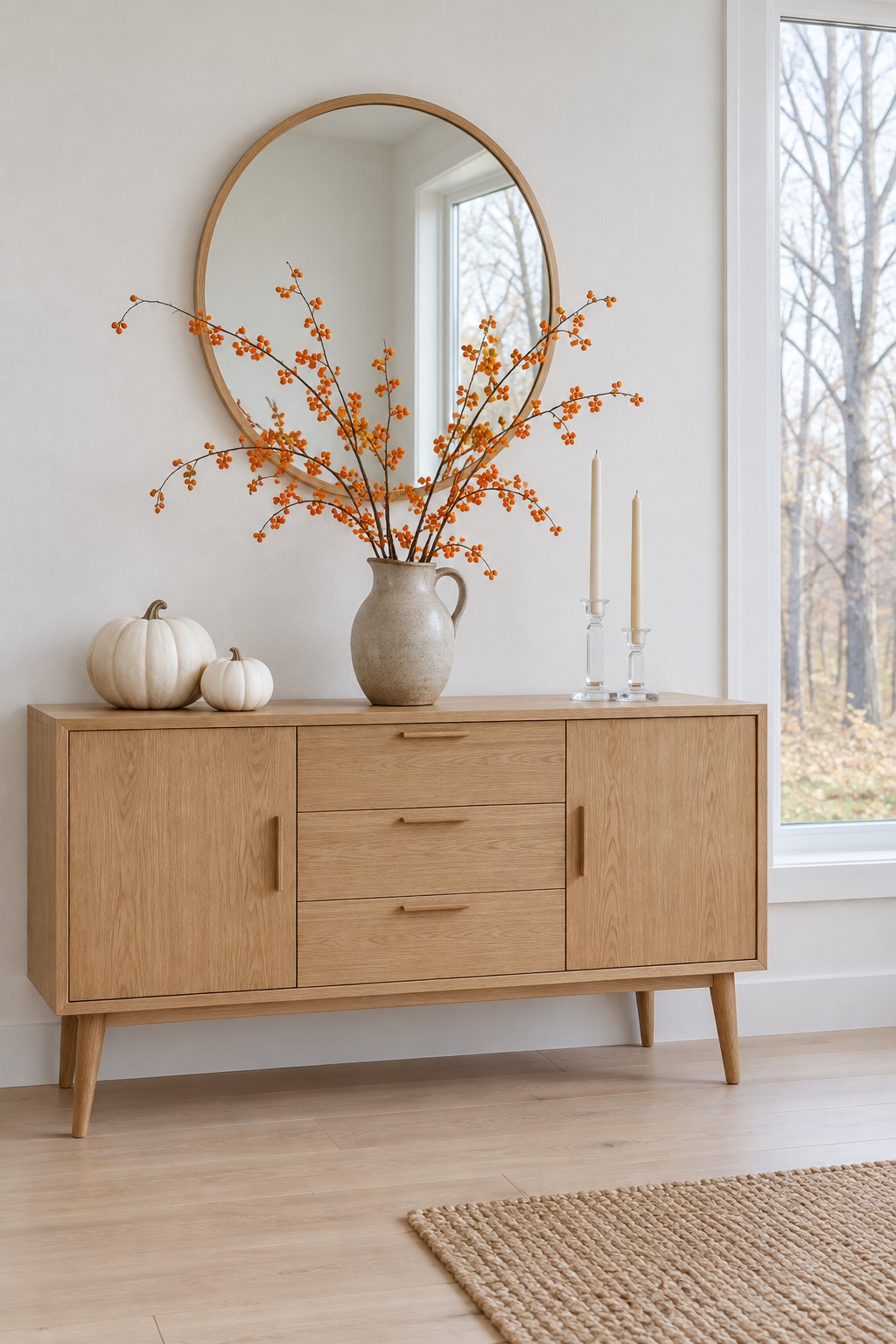 Light oak sideboard with two white pumpkins, a pitcher of bittersweet and two taper candles