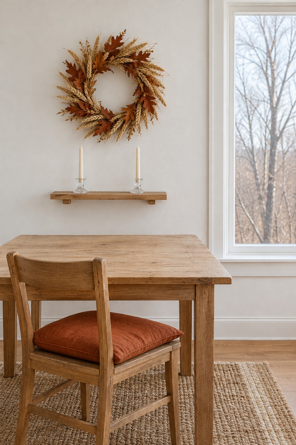 Wreath of dried wheat and oak leaves on a dining room wall above a bare table