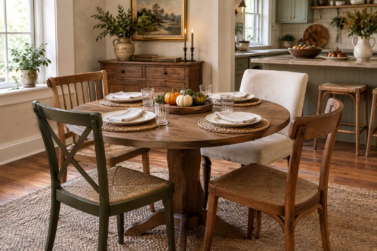 Small wooden dining table with four place settings, mixed chairs, and a low pumpkin arrangement