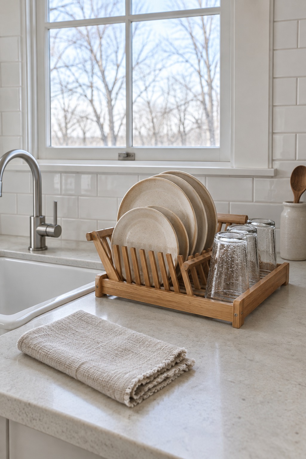 Wooden dish rack of cream plates and glasses drying beside a kitchen sink