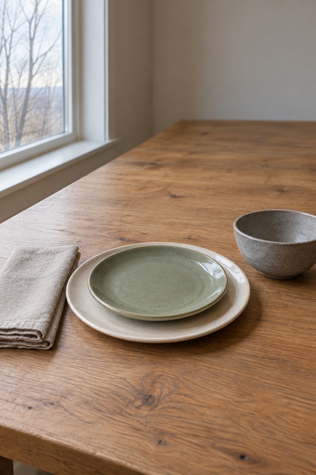 Cream dinner plate with a sage salad plate and gray bowl stacked as one place setting