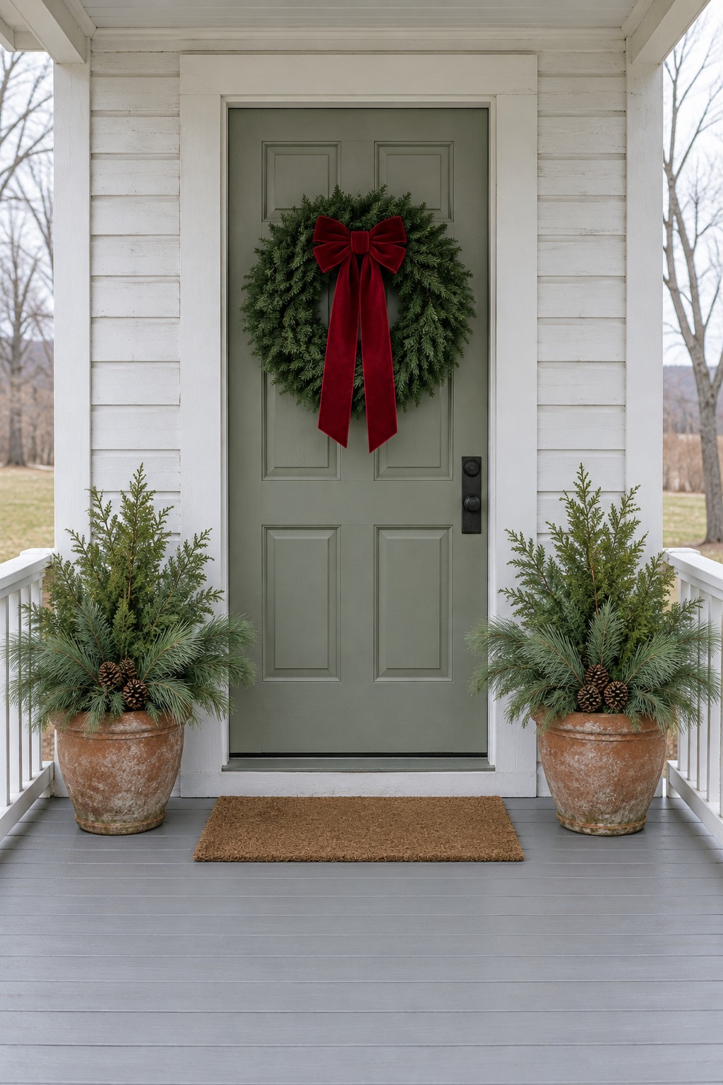 Sage front door with a fresh fir wreath and red bow and two planters of cedar and pine branches