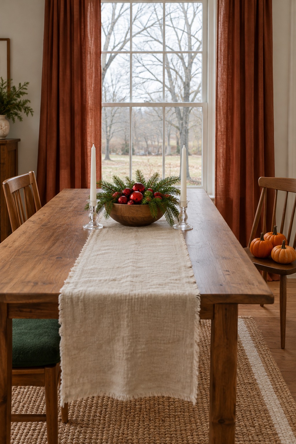 Dining table runner and wooden bowl swapped from pumpkins to red ornaments and fir sprigs