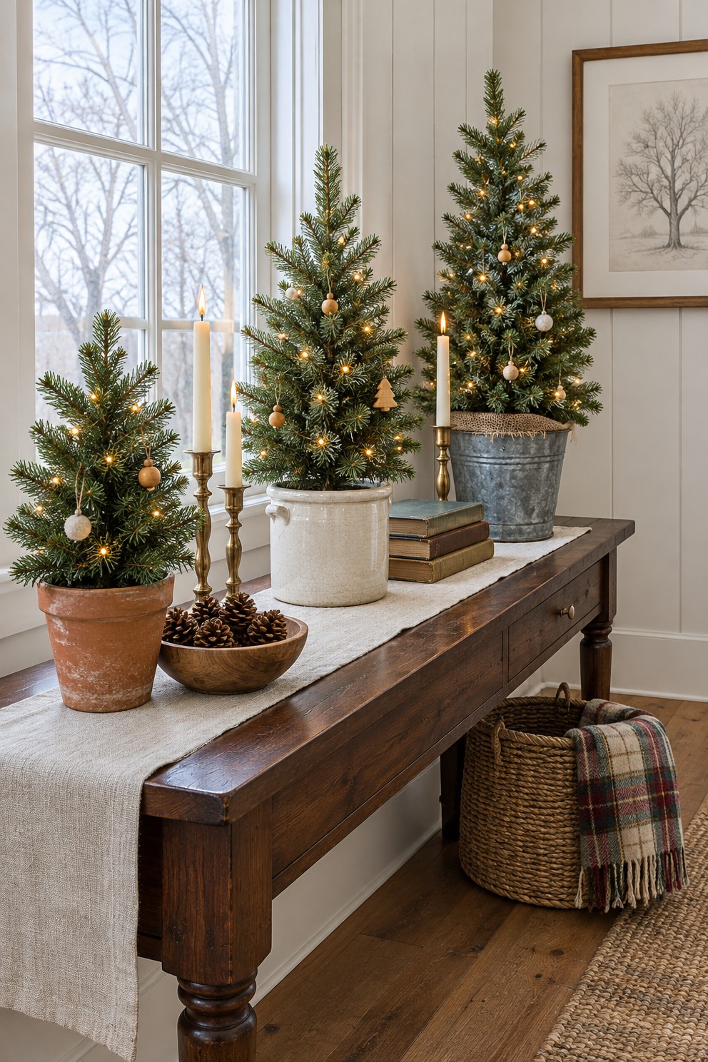 Three small lit Christmas trees of different heights in a terracotta pot, a cream crock and a galvanized bucket on a wooden console