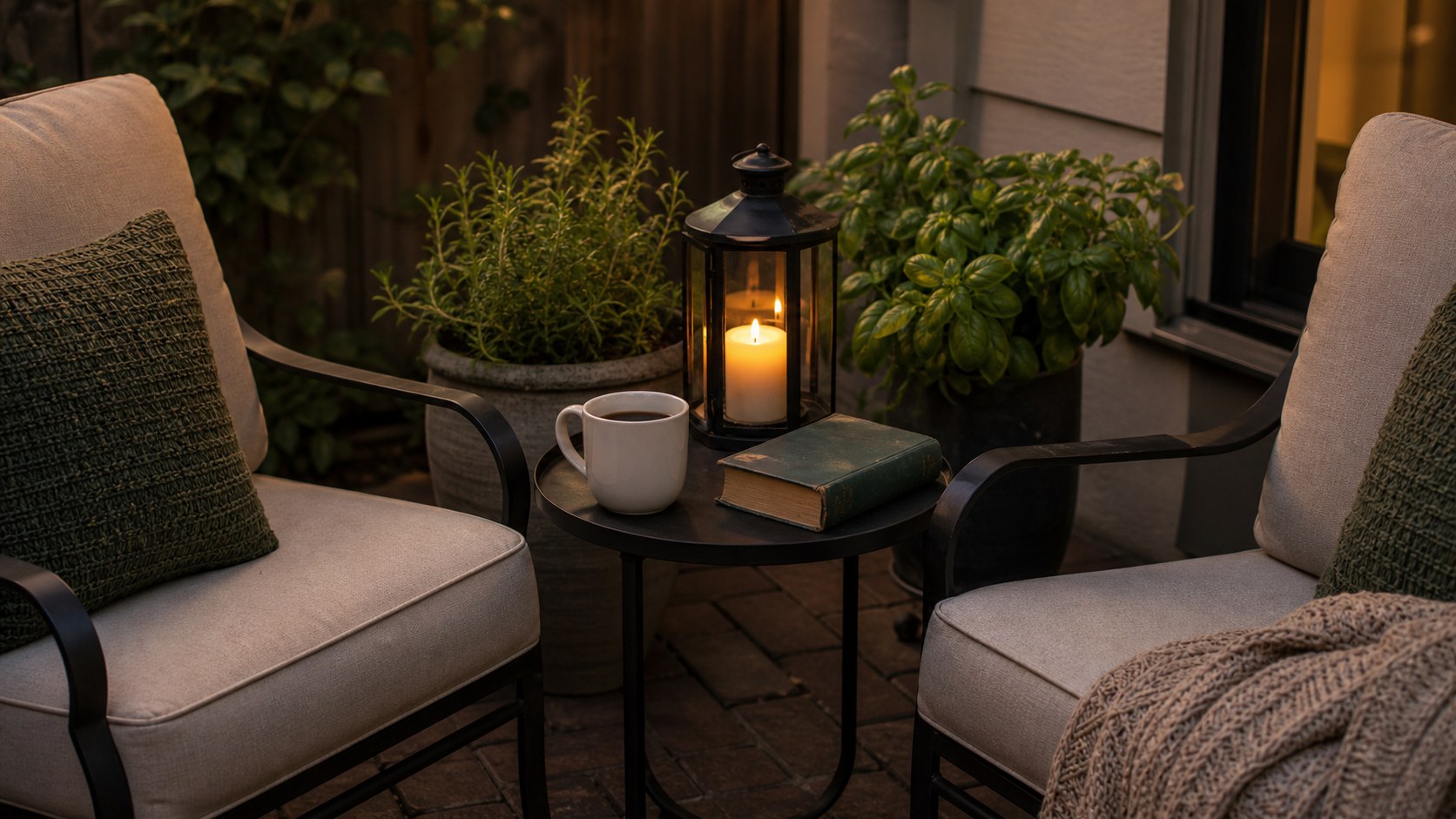 Small patio table between two chairs with a lantern, book, and coffee mug