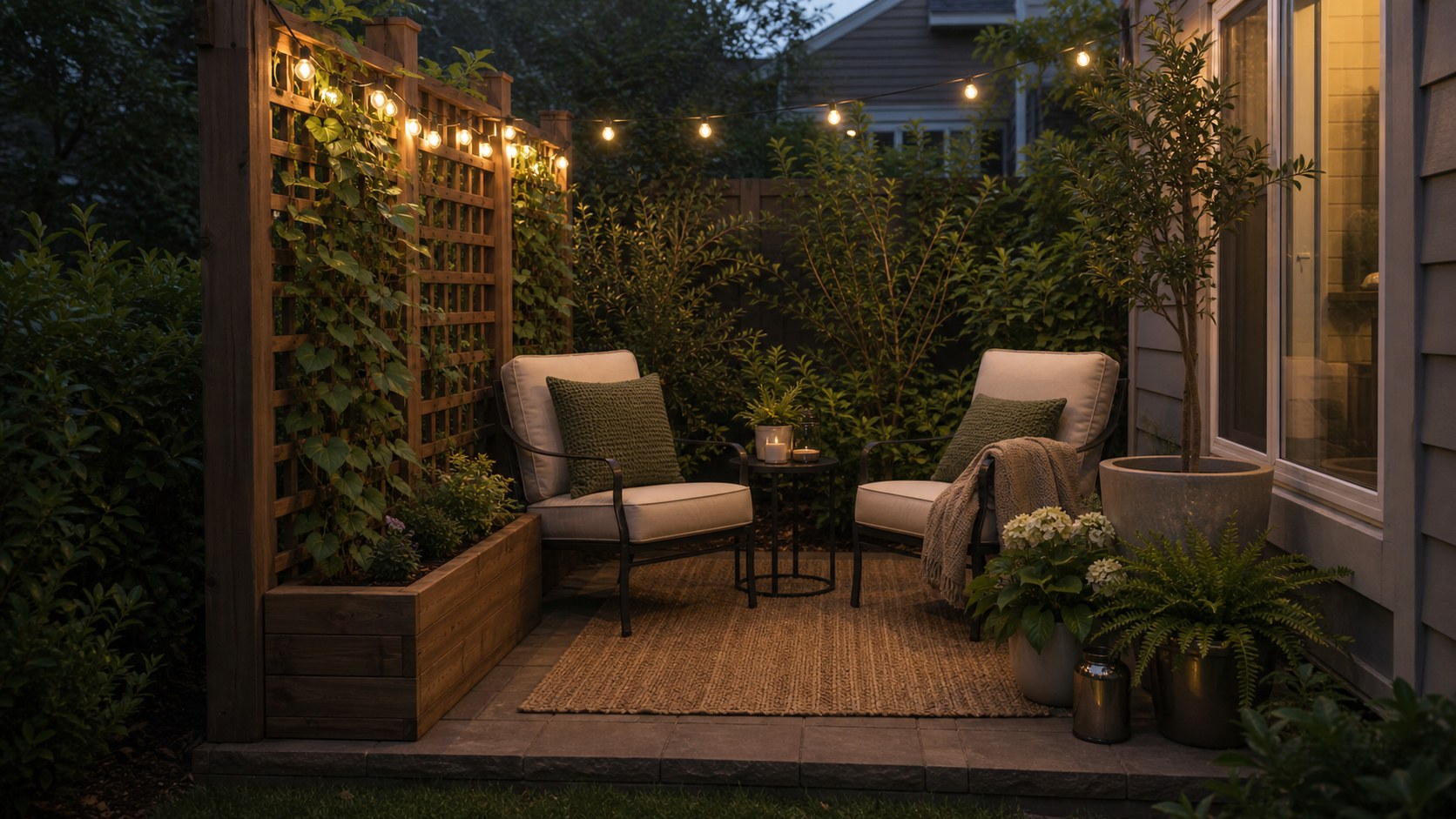 Tiny patio corner with two chairs, trellis planter, warm lights, and a small side table at dusk