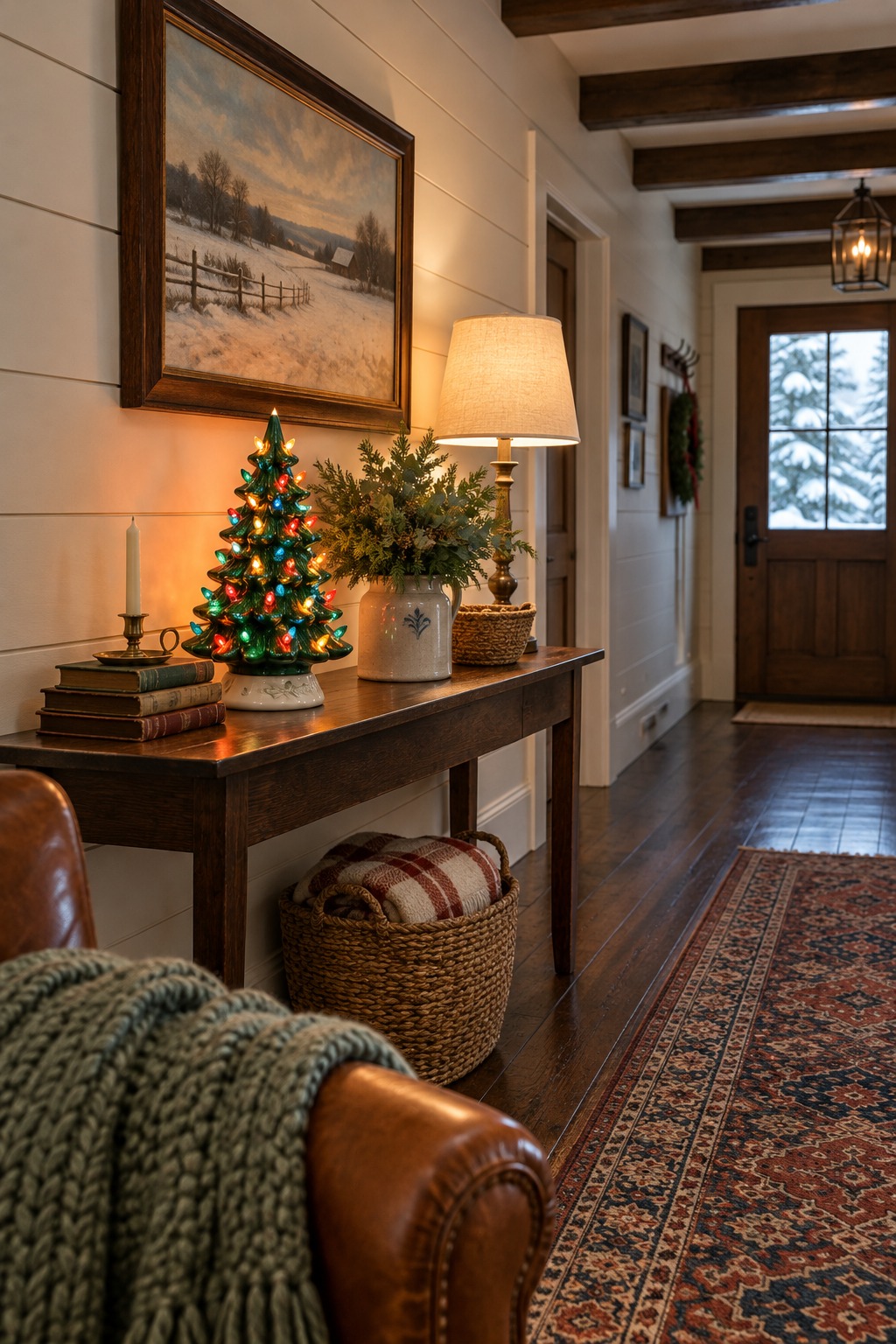 Small ceramic Christmas tree with multicolor bulbs glowing on a narrow console table beside a lamp and a stack of books