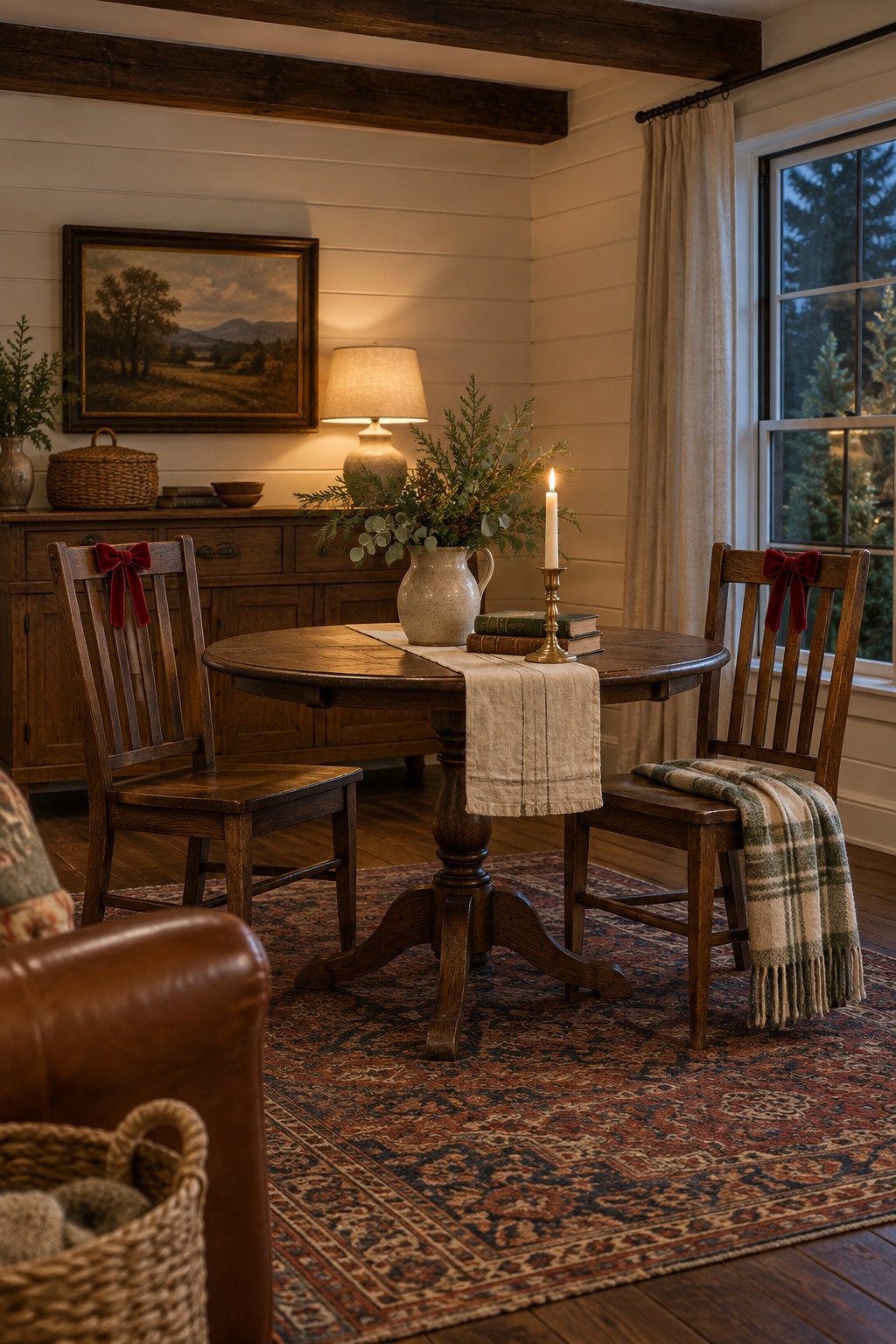 Two wooden dining chairs with red velvet bows tied high on the back slats, tails ending above the seat, beside a small round table and a lamp