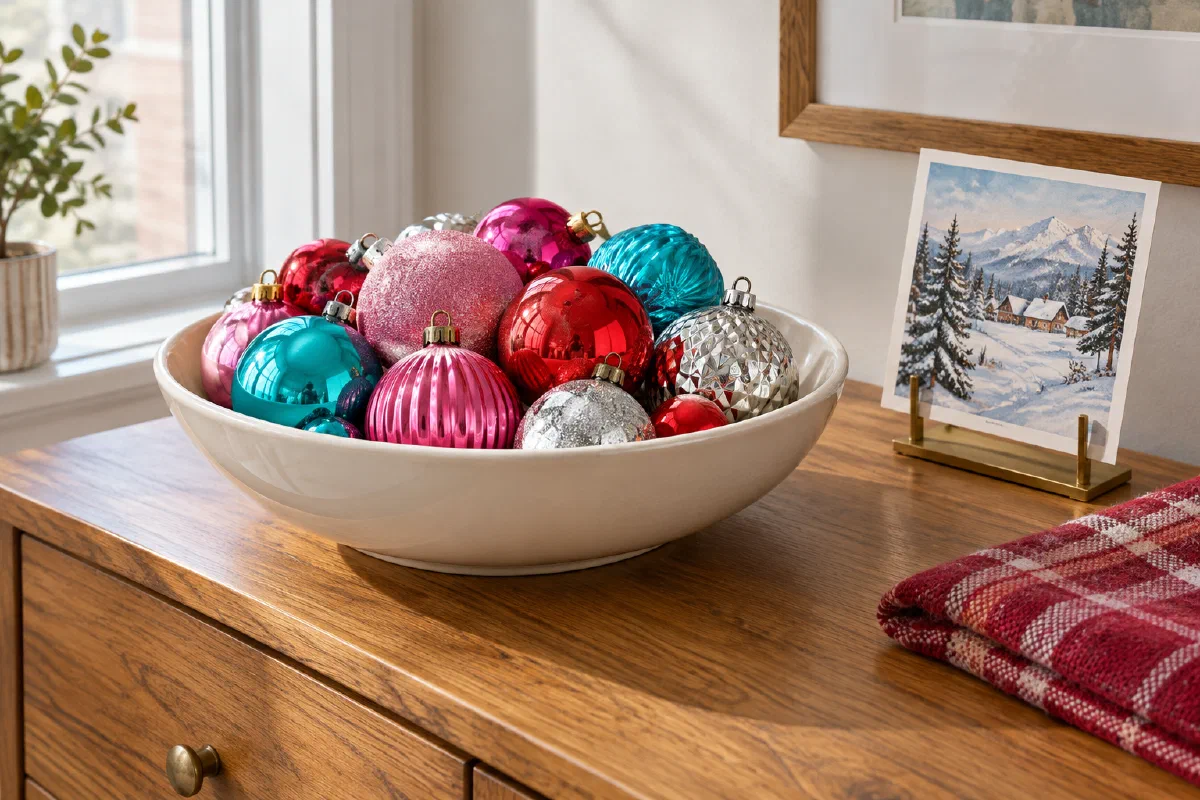 Colorful Christmas ornaments in a cream bowl beside a winter postcard and folded red checked textile on a wooden cabinet