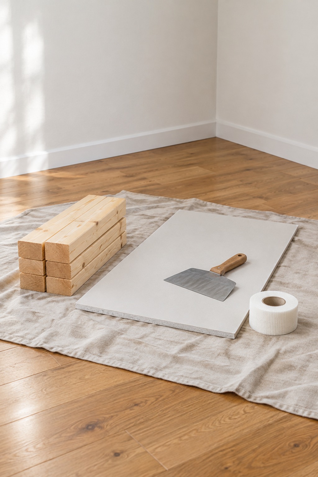Short 2x6 lumber, a drywall knife and a drywall piece on a drop cloth in a living room corner