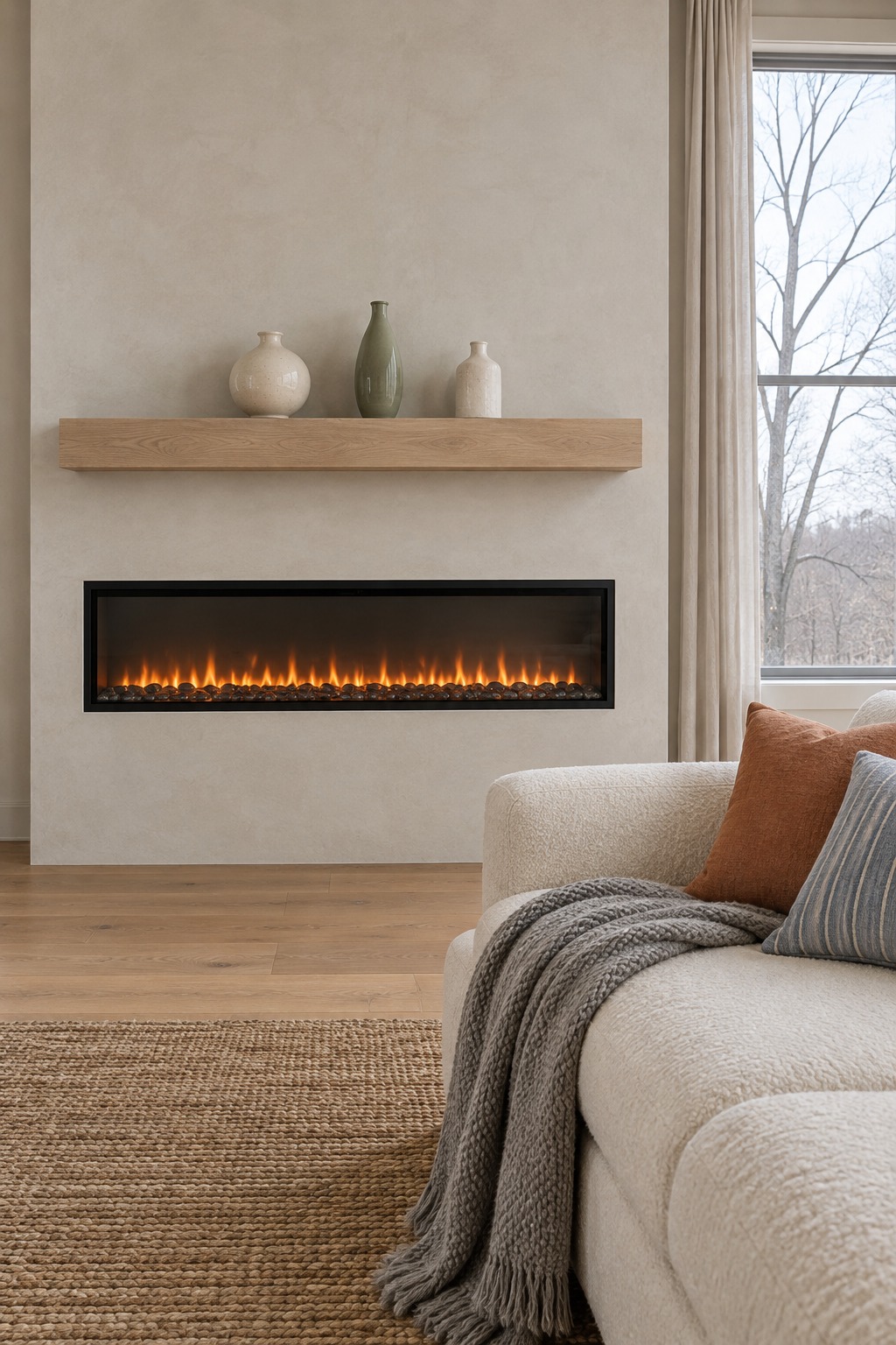 Linear fireplace under a white oak mantel shelf with three small vases above a cream sofa