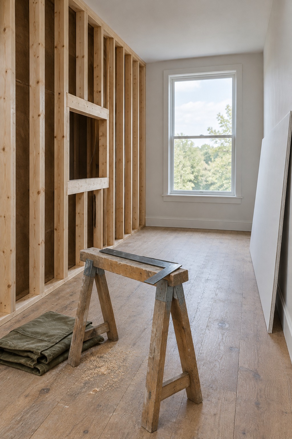 Framed rectangular opening between wood studs in an open interior wall with a framing square