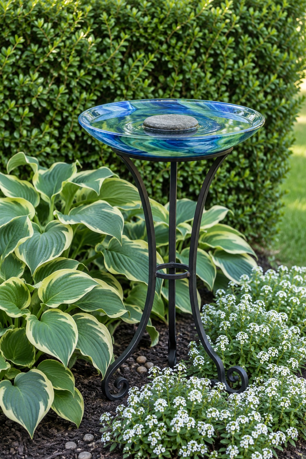 Blue and green glass bird bath basin on a black stand with hostas and alyssum around it