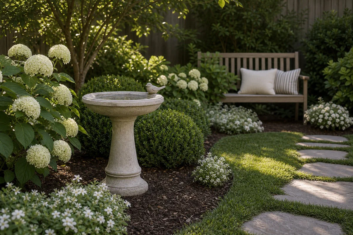 Bird bath beside hydrangeas in a planted backyard corner