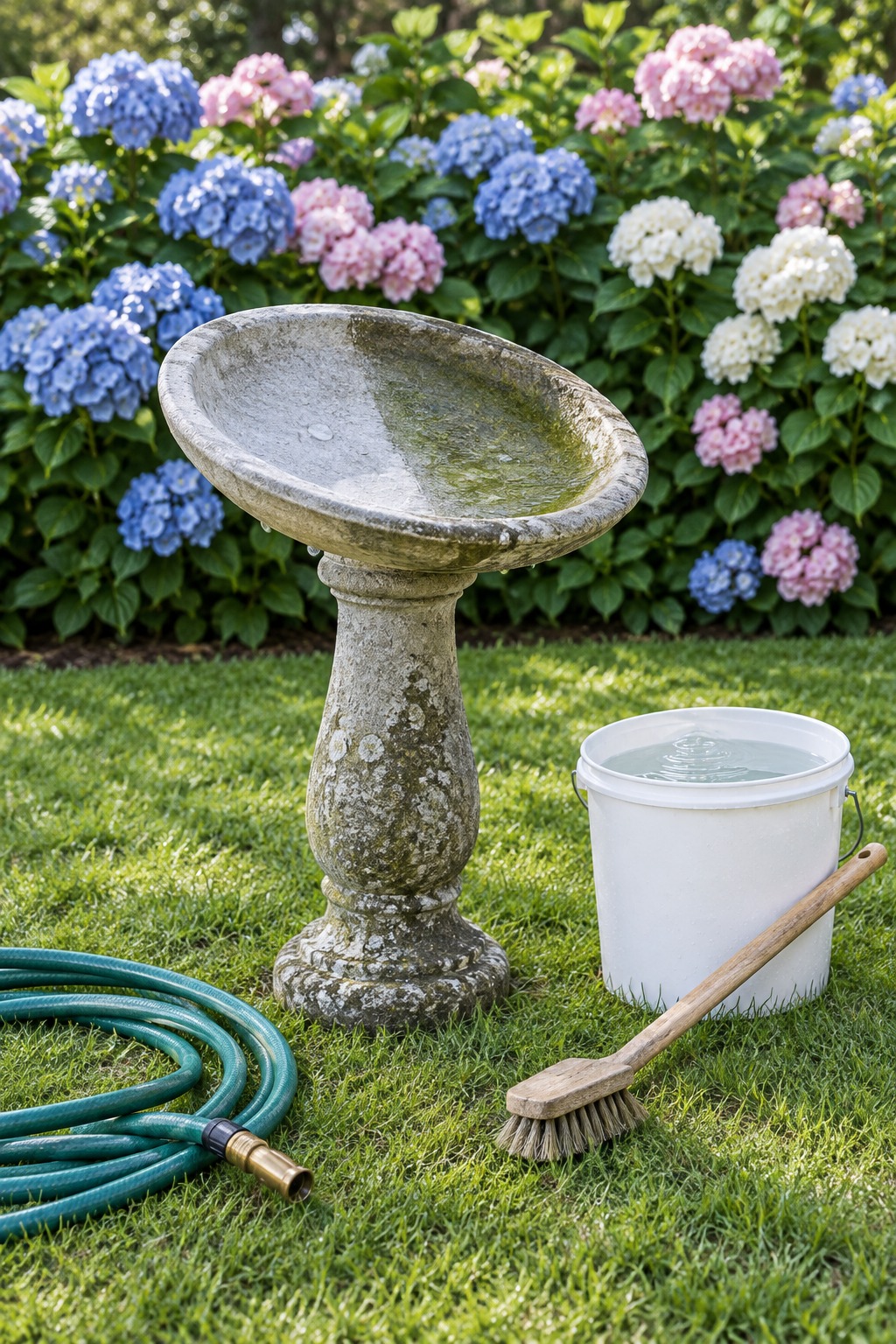 Pedestal bird bath emptied and rinsed beside a scrub brush and bucket in the garden