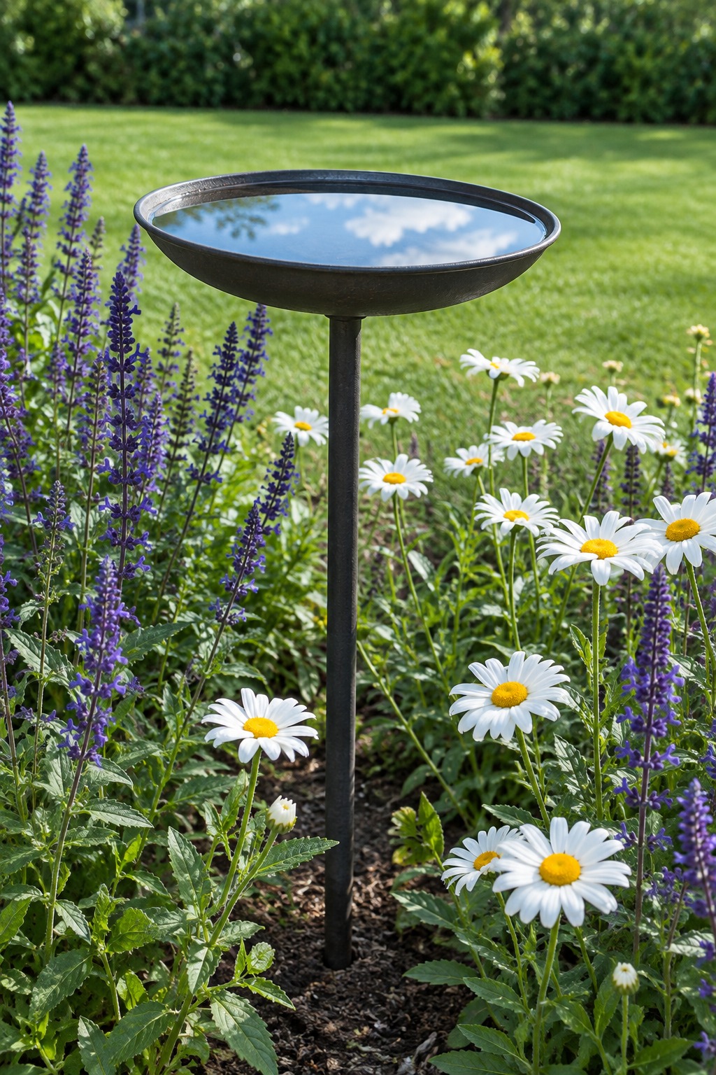 Shallow metal bird bath on a stake among purple salvia and white daisies in a flower border