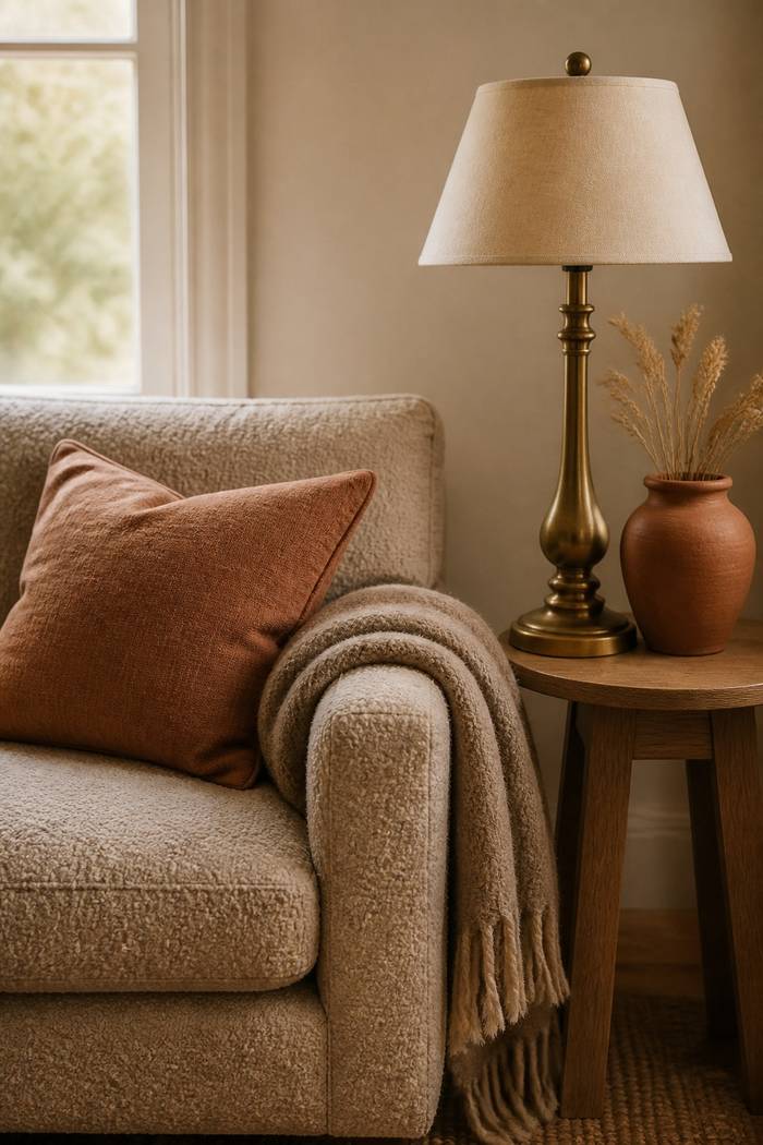 Boucle armchair with a rust pillow and a taupe fringed throw beside a lit brass lamp and a terracotta vase of dried grass