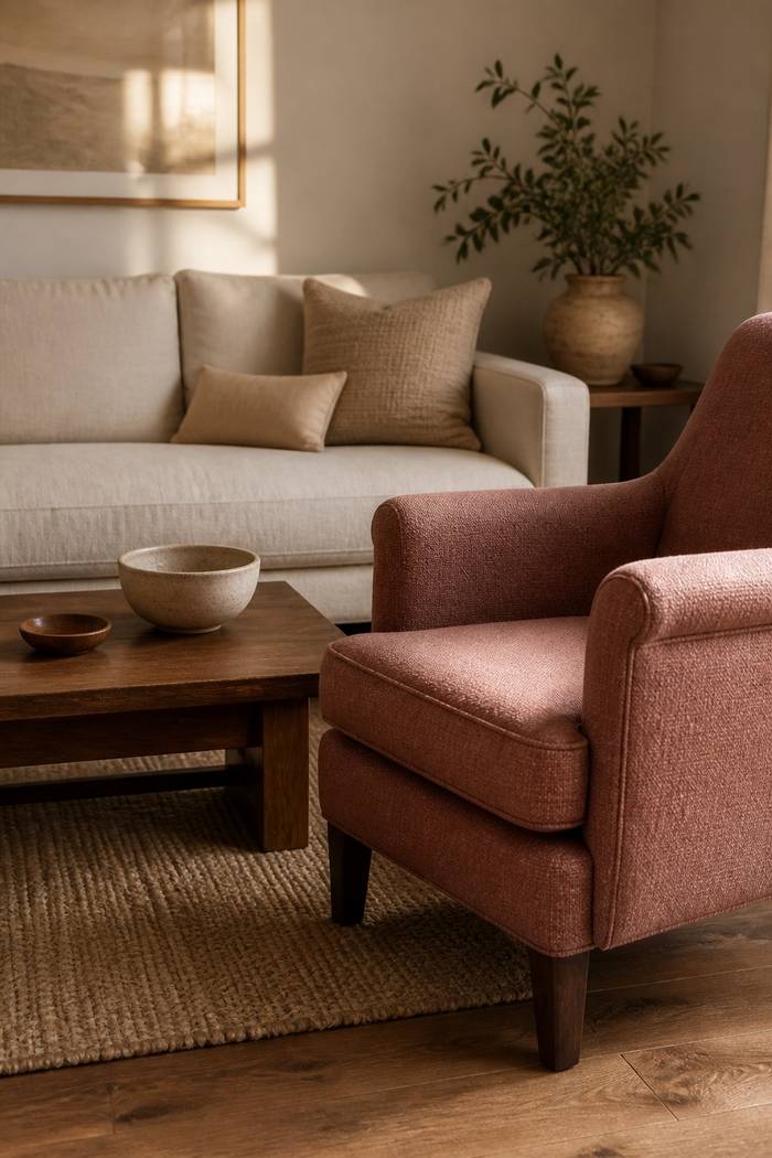 Cream sofa and a muted rose armchair beside a dark walnut coffee table on a jute rug