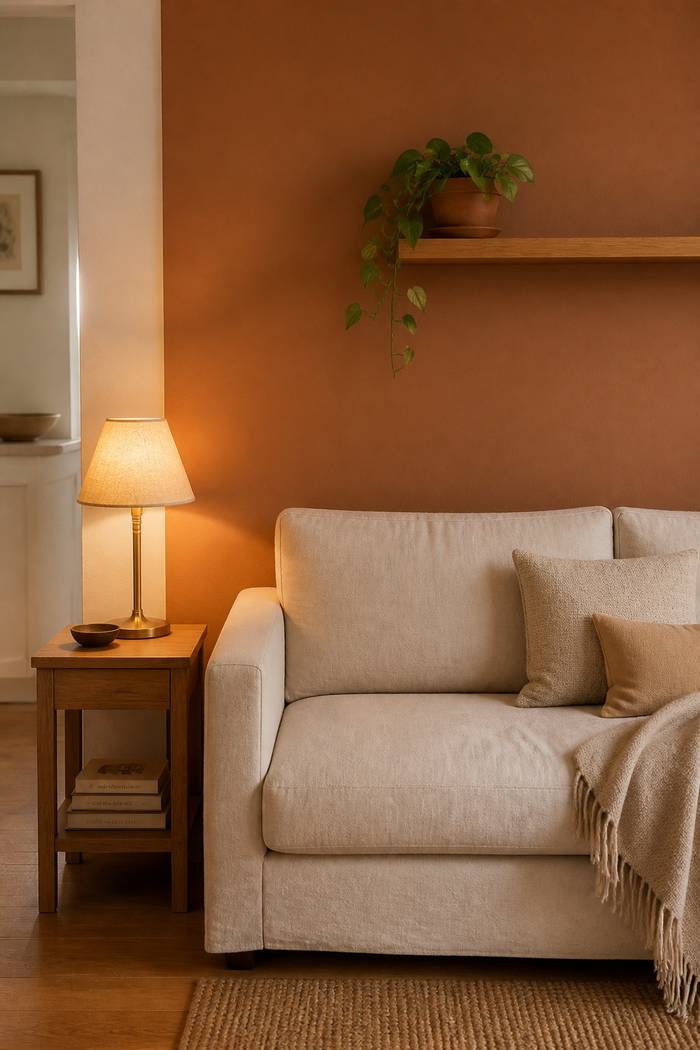 Cream sofa in front of a terracotta-colored wall with a floating shelf, pothos and a lit lamp on an oak side table