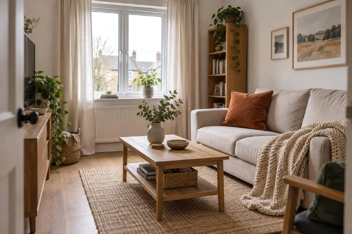 Living room with cream walls, an oatmeal sofa, an oak coffee table and a rust-colored pillow in soft window light