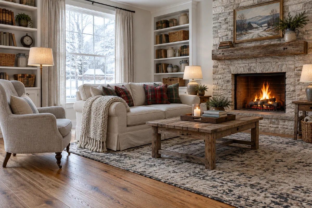 Small living room in winter with a fire lit and the lamps on: a floor lamp and two table lamps glowing warm around a cream sofa, an armchair and a wood coffee table