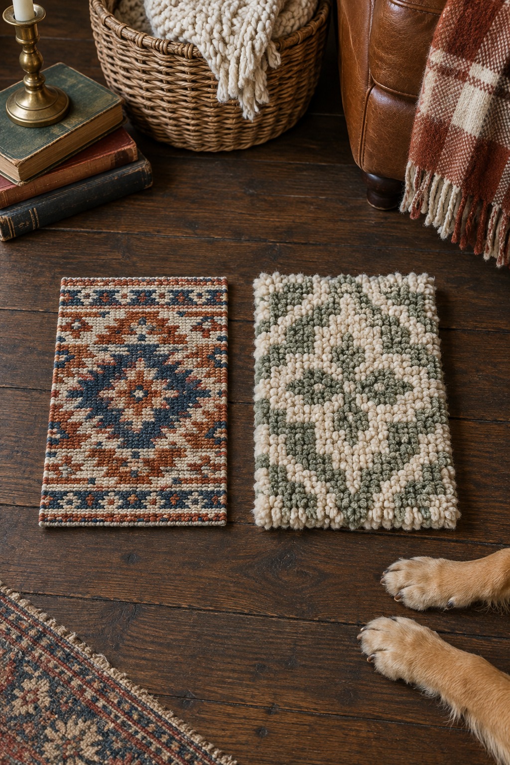 Two unbranded rug samples show a flatter patterned surface beside a thicker tufted texture