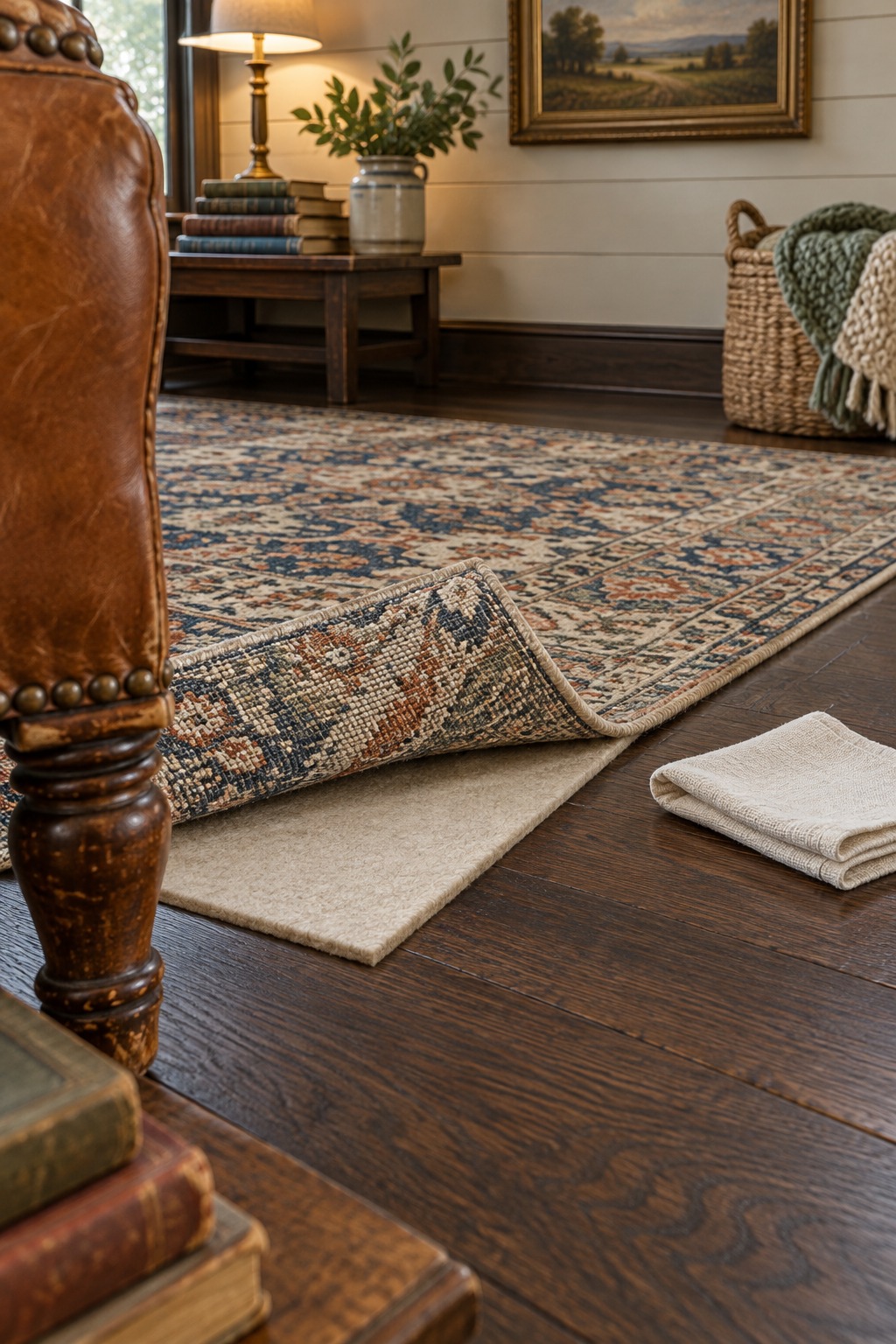 Unbranded rug top lifted to reveal its separate pad and the dry wood floor below