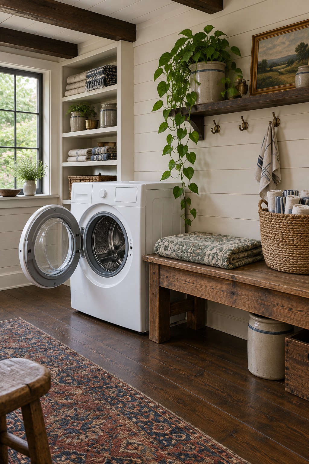 Folded unbranded rug beside an open washing machine in a laundry room