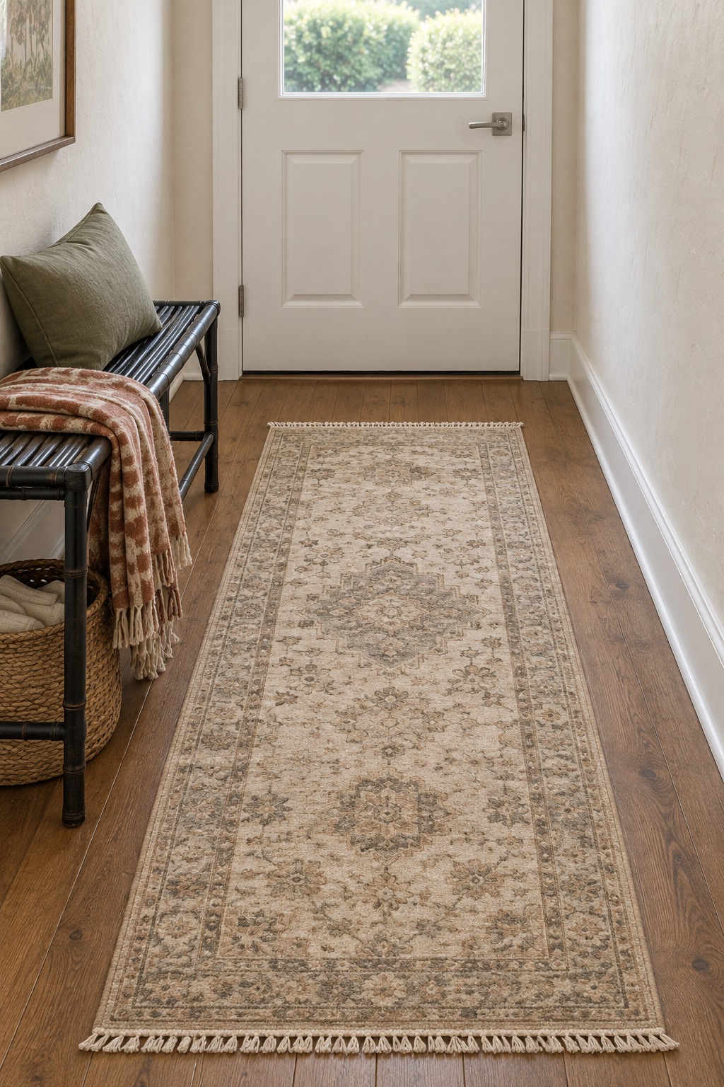 Beige vintage-pattern runner rug down a narrow wood-floored entry to a white front door, a black bamboo bench along the wall